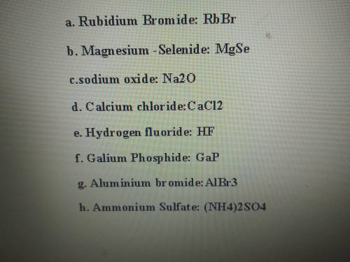 Write the formulas of the following compounds:  (a) rubidium bromide (b) magnesium-selenide (c) sodi
