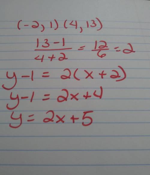 What is the equation in slope-point form of the line passing through (-2,1) and (4,13) a y-1 = -2(x-