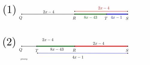 If r is the midpoint of qs, rs=2x-4, st=4x-1, and rt=8x-43, find qs
