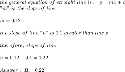 the \ general \ equation \ of \ straight \  line \  is: \ \  y=mx+c  \\  " m "\  is \ the \ slope  \ of \  line \\ \\ m=0.12 \\ \\ the \ slope \ of \ line \ " n " \ is  \ 0.1 \ greater \  than \ line \ p \\ \\ therefore, \ slope \  of  \ line \: \\ \\  n=0.12+0.1=0.22 \\ \\Answer : \ H. \ \ \ 0.22&#10;
