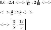 0.6:2.4  \frac{6}{10}:2\frac{4}{10} \\ \\  \frac{3}{5}:2\frac{2}{5}  \\ \\ \boxed{\frac{3}{5}:\frac{12}{5}}