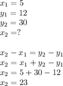 x_1 = 5 \\ y_1 = 12 \\ y_2 = 30 \\ x_2 = ? \\ \\ x_2 - x_1 = y_2 - y_1 \\ x_2 = x_1 + y_2 - y_1 \\ x_2 = 5 + 30 - 12 \\ x_2 = 23