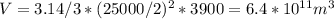 V=3.14/3*(25000/2)^2*3900=6.4*10^{11} m^3