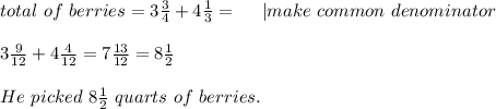 total\ of\ berries=3\frac{3}{4}+4\frac{1}{3}=\ \ \ \ | make\ common\ denominator\\\\&#10;3\frac{9}{12}+4\frac{4}{12}=7\frac{13}{12}=8\frac{1}{2}\\\\He\ picked\ 8\frac{1}{2}\ quarts\ of\ berries.