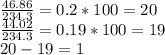 \frac{46.86}{234.3} =0.2*100=20 \\  \frac{44.02}{234.3} =0.19*100=19 \\ 20-19=1