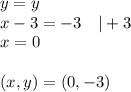 y=y \\ x-3=-3 \ \ \ |+3 \\&#10;x=0 \\ \\&#10;(x,y)=(0,-3)