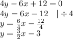 4y-6x+12=0 \\&#10;4y=6x-12 \ \ \ |\div 4 \\&#10;y=\frac{6}{4}x-\frac{12}{4} \\&#10;y=\frac{3}{2}x-3