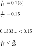 \frac{2}{15}=0.1(3) \\ \\ \frac{3}{20}=0.15 \\ \\ \\\ 0.1333...