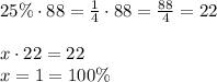 25\% \cdot 88=\frac{1}{4} \cdot 88=\frac{88}{4}=22 \\ \\&#10;x \cdot 22 = 22 \\&#10;x= 1= 100\%