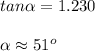 tan\alpha=1.230\\\\\alpha\approx51^o