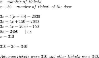 x-number\ of \ tickets\\x+30-number\ of\ tickets\ at\ the\ door\\\\3x+5(x+30)=2630\\3x+5x+150=2630\\3x+5x=2630-150\\8x=2480\ \ \ \ \ |:8\\x=310\\\\310+30=340\\\\Advance\ tickets\ were\ 310\ and\ other\ tickets\ were\ 340.