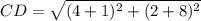 CD=\sqrt{(4+1)^{2}+(2+8)^{2}}