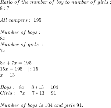 Ratio\ of\ the\ number\ of\ boy\ to\ number\ of\ girls:\\&#10;8:7\\\\&#10;All\ campers:\ 195\\\\&#10;Number\ of\ boys:\\&#10;8x\\&#10;Number\ of\ girls\ :\\&#10;7x\\\\&#10;8x+7x=195\\&#10;15x=195\ \ \ |:15\\&#10;x=13\\\\&#10;Boys:\ \ 8x=8*13=104\\&#10;Girls:\ \ 7x=7*13=91\\\\&#10;Number\ of\ boys\ is\ 104\ and\ girls\ 91.