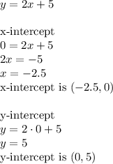 y=2x+5\\\\&#10;\hbox{x-intercept}\\&#10;0=2x+5\\&#10;2x=-5\\&#10;x=-2.5\\&#10;\hbox{x-intercept is } (-2.5,0)\\\\&#10;\hbox{y-intercept}\\&#10;y=2\cdot0+5\\&#10;y=5\\&#10;\hbox{y-intercept is }(0,5)