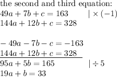 \hbox{the second and third equation:} \\&#10;49a+7b+c=163 \ \ \ \ \ \ \ |\times (-1) \\ 144a+12b+c=328 \\ \\&#10;-49a-7b-c=-163 \\&#10;\underline{144a+12b+c=328 \ \ } \\&#10;95a+5b=165 \ \ \ \ \ \ \ \ \ \ \ \ |\div 5 \\&#10;19a+b=33