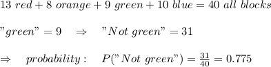 13\ red+8\ orange+9\ green+10\ blue=40\ all\ blocks\\\\"green"=9\ \ \ \Rightarrow\ \ \ "Not\ green"=31\\\\ \Rightarrow\ \ \ probability:\ \ \  P("Not\ green")= \frac{31}{40} =0.775