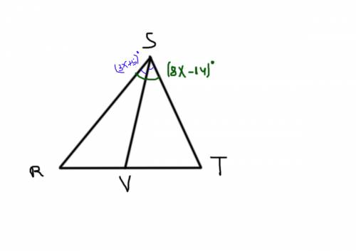 Sv is an angle bisector of ∠rst. if m∠rsv = (3x + 5)° and m∠rst = (8x − 14)°, find x.