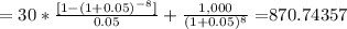 =30*\frac{[1-(1+0.05)^-^8]}{0.05}+ \frac{1,000}{(1+0.05)^8} =$870.74357
