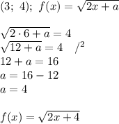 (3;\ 4);\ f(x)=\sqrt{2x+a}\\\\\sqrt{2\cdot6+a}=4\\\sqrt{12+a}=4\ \ \ /^2\\12+a=16\\a=16-12\\a=4\\\\f(x)=\sqrt{2x+4}