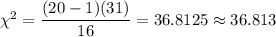 \chi^2=\dfrac{(20-1)(31)}{16}=36.8125\approx36.813