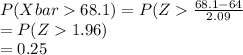 P(X bar68.1) = P(Z\frac{68.1-64}{2.09} \\=P(Z1.96)\\=0.25