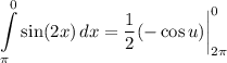 \displaystyle \int\limits^0_{\pi} {\sin (2x)} \, dx = \frac{1}{2}(-\cos u) \bigg| \limits^0_{2 \pi}