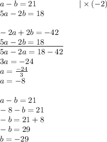 a-b=21 \ \ \ \ \ \ \ \ \ \ \ \ \ \ \ \ |\times (-2) \\&#10;5a-2b=18 \\ \\&#10;-2a+2b=-42 \\&#10;\underline{5a-2b=18 \ \ \ \ \ \ \ } \\&#10;5a-2a=18-42 \\ 3a=-24 \\&#10;a=\frac{-24}{3} \\&#10;a=-8 \\ \\&#10;a-b=21 \\&#10;-8-b=21 \\&#10;-b=21+8 \\&#10;-b=29 \\&#10;b=-29