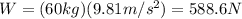 W=(60 kg)(9.81 m/s^2)=588.6 N