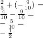 \frac{2}{5}+(-\frac{9}{10})=\\&#10;\frac{4}{10}-\frac{9}{10}=\\&#10;-\frac{5}{10}=\\-\frac{1}{2}