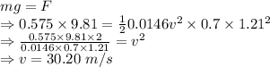 mg=F\\\Rightarrow 0.575\times 9.81=\frac{1}{2}0.0146v^2\times 0.7\times 1.21^2\\\Rightarrow \frac{0.575\times 9.81\times 2}{0.0146\times 0.7\times 1.21}=v^2\\\Rightarrow v=30.20\ m/s