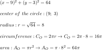 (x-9)^2+(y-3)^2=64\\\\center\ of\ the\ circle:(9;\ 3)\\\\radius:r=\sqrt{64}=8\\\\circumference:C_O=2\pi r\to C_O=2\pi\cdot8=16\pi\\\\area:A_O=\pi r^2\to A_O=\pi\cdot8^2=64\pi