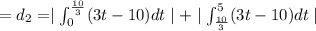 =d_2=\mid \int_{0}^{\frac{10}{3}}(3t-10)dt \mid +\mid \int_{\frac{10}{3}}^{5}(3t-10)dt \mid