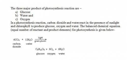 What are the products of photosynthesis?  c6h12o6 6h2o 6o2 c6h12o6 3o2 6h2o c6h12o6 3o2 3h2o c3h6o3