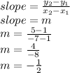 slope =  \frac{ y_{2} -  y_{1}  }{ x_{2} - x_{1}  } \\ slope = m \\ m =  \frac{5 - 1}{-7 - 1} \\ m =  \frac{4}{-8} \\ m = - \frac{1}{2}