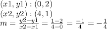 (x1, y1) :( 0,2)\\(x2, y2) :( 4,1)\\m = \frac {y2-y1} {x2-x1} = \frac {1-2} {4-0} = \frac {-1} {4} = - \frac {1} {4}