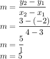m=\dfrac{y_2-y_1}{x_2-x_1}\\&#10;m=\dfrac{3-(-2)}{4-3}\\&#10;m=\dfrac{5}{1}\\&#10;m=5