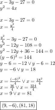 x-3y-27=0\\&#10;y^2=4x\\\\&#10;x-3y-27=0\\&#10;x=\frac{y^2}{4}\\\\&#10;\frac{y^2}{4}-3y-27=0\\&#10;y^2-12y-108=0\\&#10;y^2-12y+36-144=0\\&#10;(y-6)^2=144\\&#10;y-6=-12 \vee y-6=12\\&#10;y=-6 \vee y=18\\\\&#10;x=\frac{(-6)^2}{4} \vee x=\frac{18^2}{4}\\&#10;x=\frac{36}{4} \vee x=\frac{324}{4}\\&#10;x=9 \vee x=81\\\\&#10;\boxed{(9,-6),(81,18)}&#10;