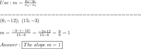 Use:m=\frac{y_2-y_1}{x_2-x_1}\\\\====================================\\(6;-12);\ (15;-3)\\\\m=\frac{-3-(-12)}{15-6}=\frac{-3+12}{15-6}=\frac{9}{9}=1\\\\\boxed{The\ slope\ m=1}