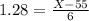 1.28 = \frac{X - 55}{6}