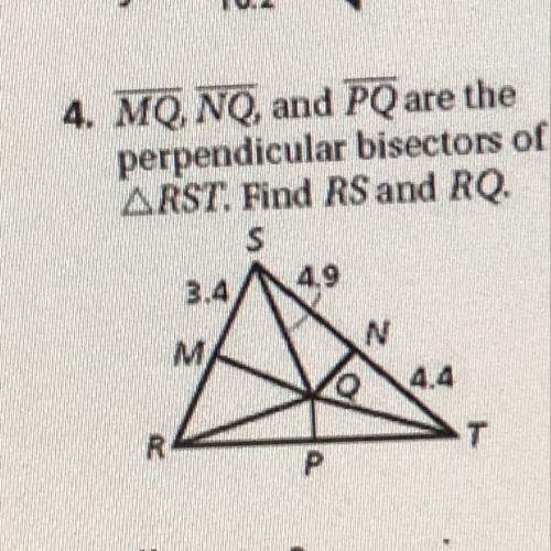 Mq, nq,and pq are the perpendicular bisectors of rst. find rs and rq