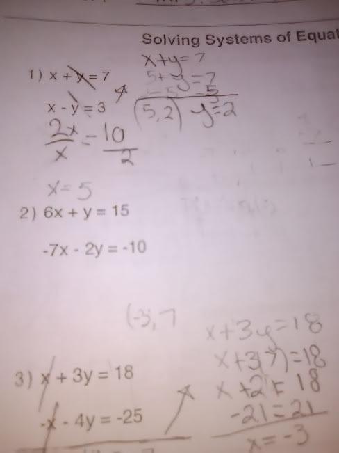 Can you me solve systems of equations by elimination step by step 6x+y=15 -7x-2y=-10