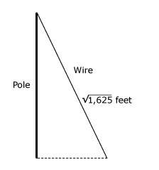 Dierdra saw a pole that was supported by a wire as shown. she calculated that the wire was √1625 fee