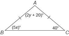 What is the value of y? enter your answer in the box y = an isosceles triangle a b c. side b c is