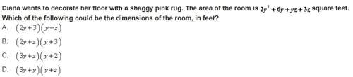 Diana wants to decorate her floor with a shaggy pink rug. the area of the square feet. which of the