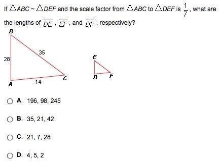 If abc ~ def and the scale factor from abc to def is 1/7, what are the lengths of de, ef, and df res