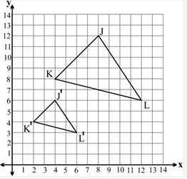 Triangle j'k'l' shown on the grid below is a dilation of triangle jkl using the origin as the center