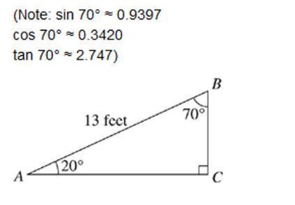 The triangle shown has a hypotenuse with a length of 13 feet. the measure of angle a is 20 degrees.