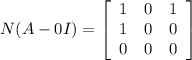 N(A-0I)=\left[\begin{array}{ccc}1&0&1\\1&0&0\\0&0&0\end{array}\right]