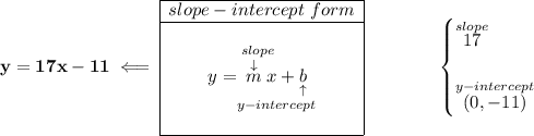 \bf y=17x-11\impliedby \begin{array}{|c|ll} \cline{1-1} slope-intercept~form\\ \cline{1-1} \\ y=\underset{y-intercept}{\stackrel{slope\qquad }{\stackrel{\downarrow }{m}x+\underset{\uparrow }{b}}} \\\\ \cline{1-1} \end{array}\qquad \qquad \begin{cases} \stackrel{slope}{17}\\\\ \stackrel{y-intercept}{(0,-11)} \end{cases}