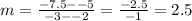 m=\frac{-7.5--5}{-3--2} =\frac{-2.5}{-1} =2.5